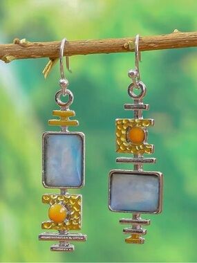 Retro Boho Handmade Dangle Earrings Silver Plated Geometric Squares Blue Stone